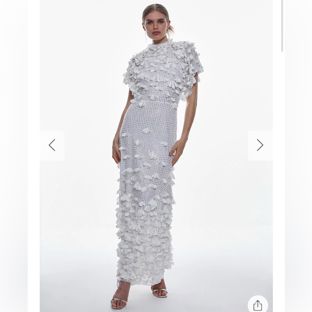 Karen Millen Crystal Floral Applique Angel Sleeve Maxi Dress Ivory